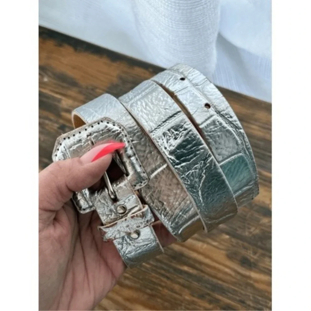 80s 90s Vintage Silver Croc Embossed‎ Leather Belt Women's Large Western